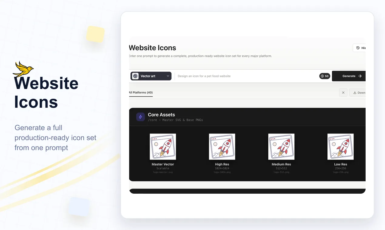 LaunchAlways website icons generator showing prompt input and production-ready icon assets