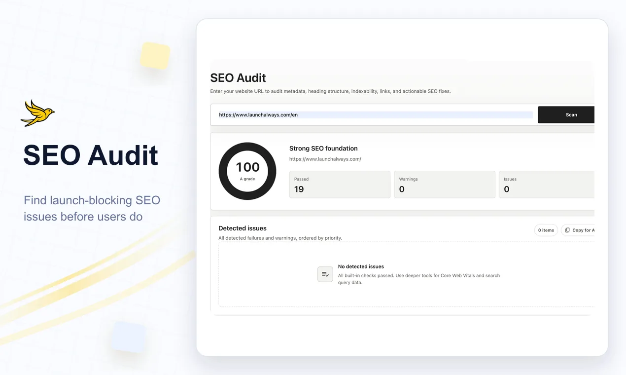 LaunchAlways SEO audit dashboard showing score, passed checks, warnings, and detected issues