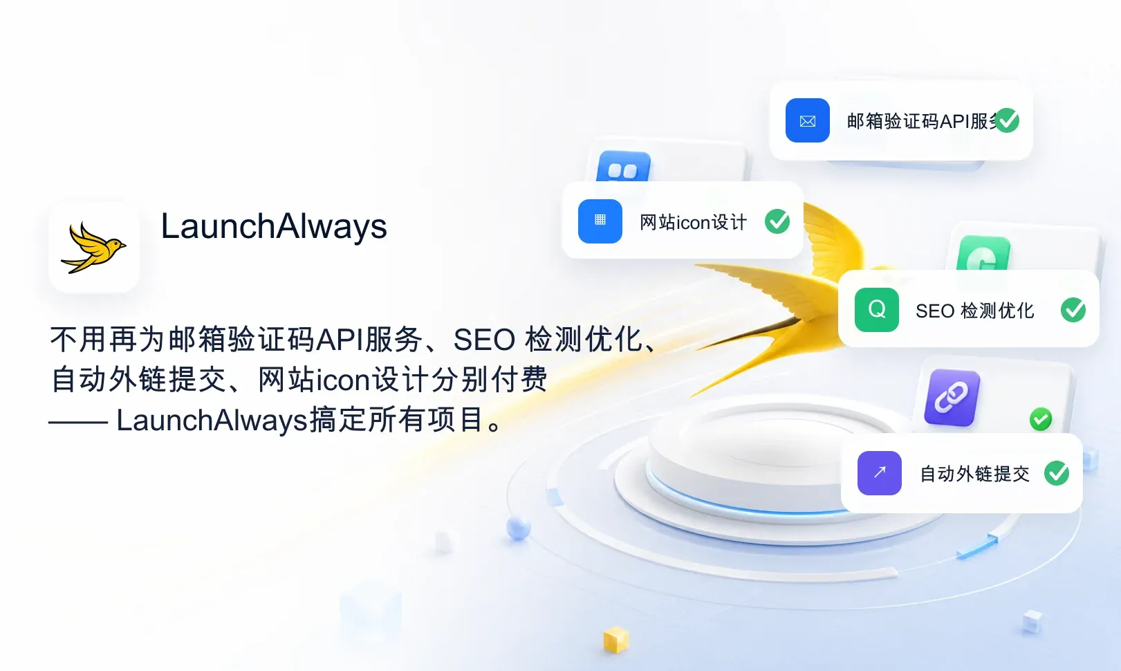 LaunchAlways 总览图，说明不用分别为SEO 检测优化、自动外链提交、网站icon设计和邮箱验证码API服务付费，一个工作台搞定所有项目