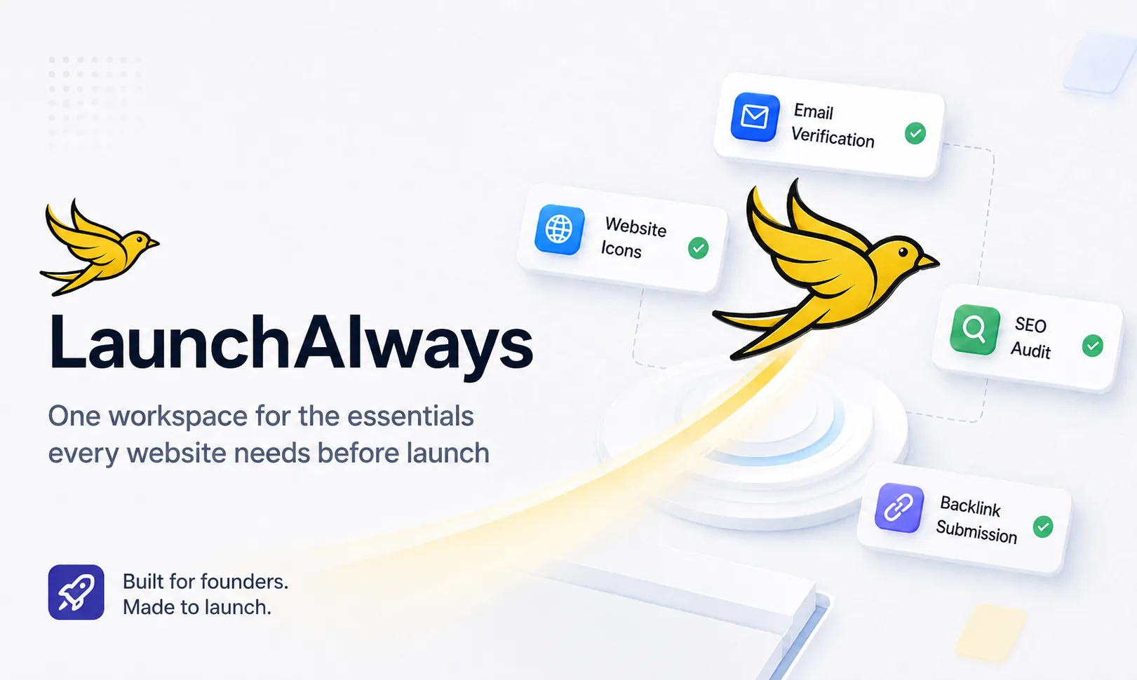LaunchAlways overview showing Email Verification API, SEO audits, automated backlink submission, and website icons in one launch workspace